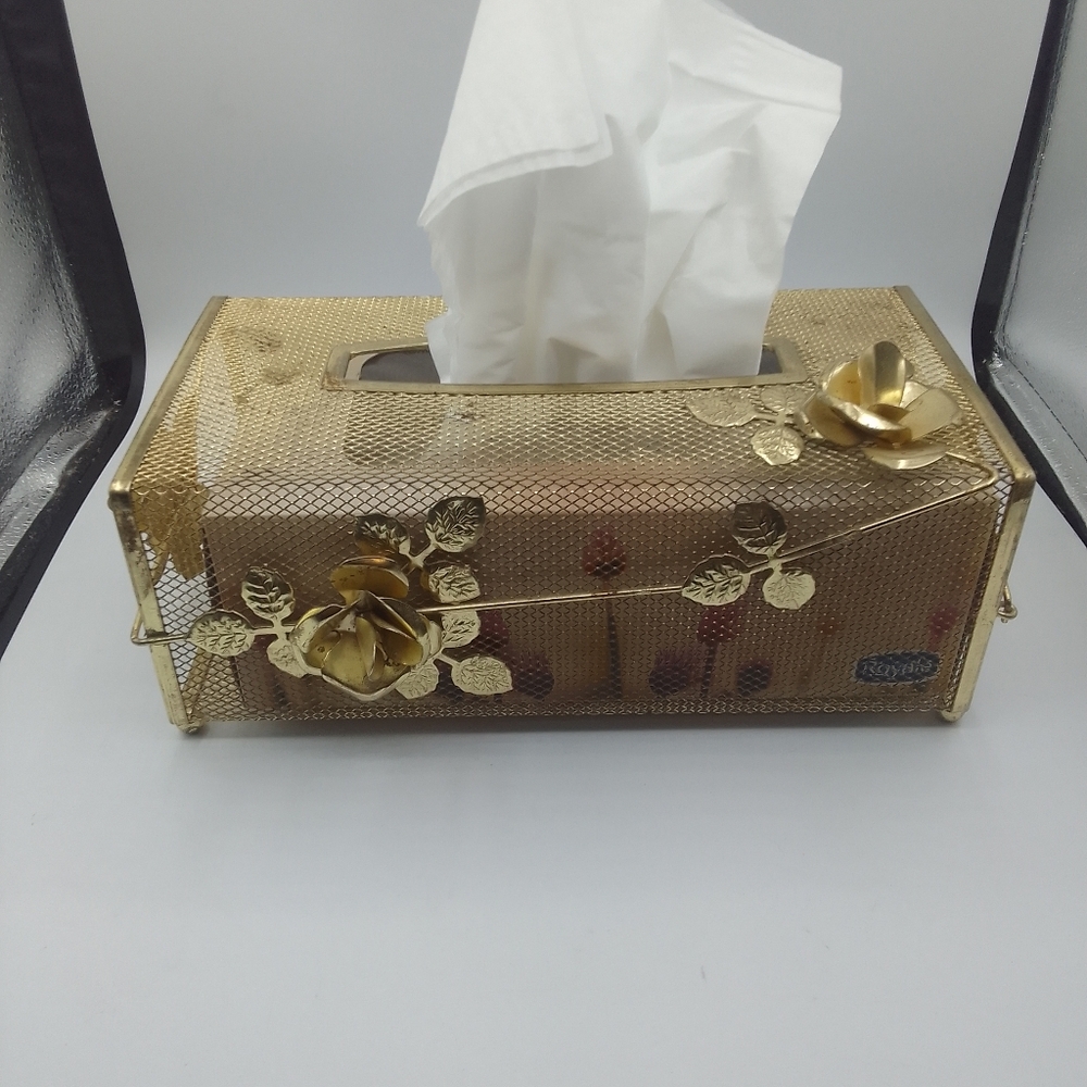 Gold Tissue Box Holder with Floral Design